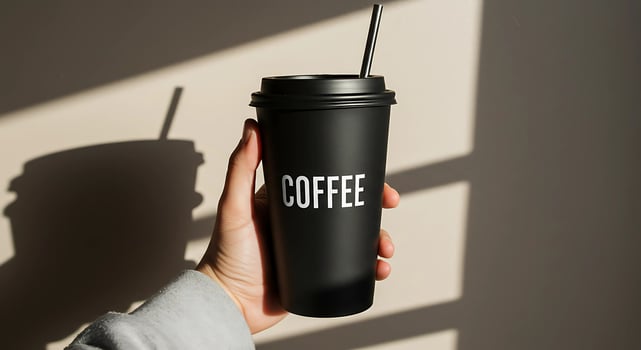 Hand holding reusable coffee cup with reusable metal straw photo