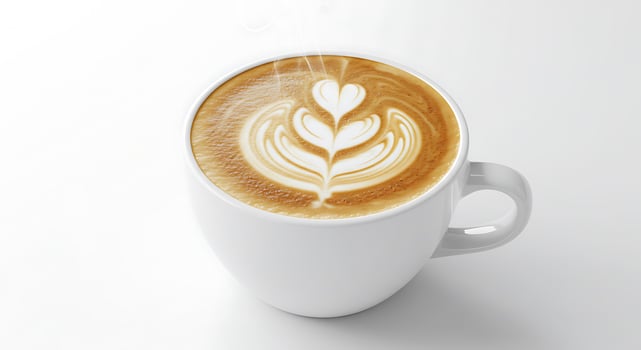 Delicious Coffee Latte Art in White Cup on Clean Background photo