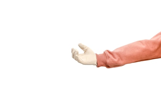 A medical professional's gloved hand reaches out on a clean white background for presentation photo