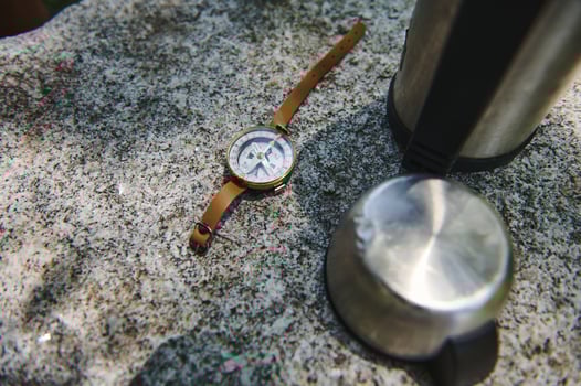 Explorer's Outdoor Camping Essentials on Stone Surface in Natural Lighting photo
