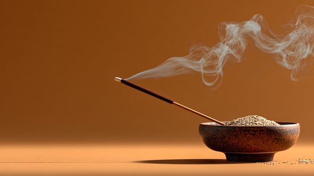 Burning Incense With Smoke Trail On Warm Cream Background photo