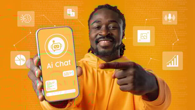 Smiling man showcasing AI chat application on smartphone with vibrant background in technology-focused setting photo
