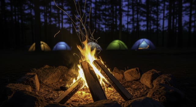 Warm crackling campfire with bright sparks in a dark forest at night with illuminated tents photo