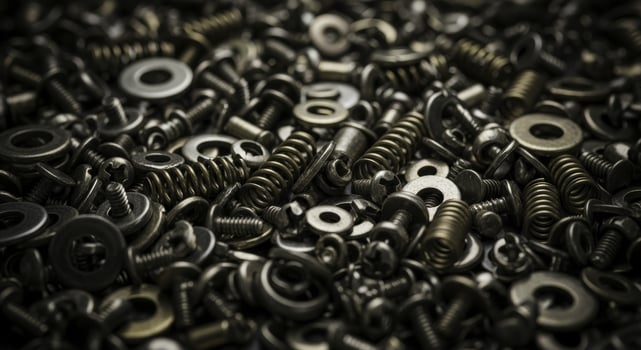 Detailed close up of industrial metal fasteners pile including screws washers and springs photo