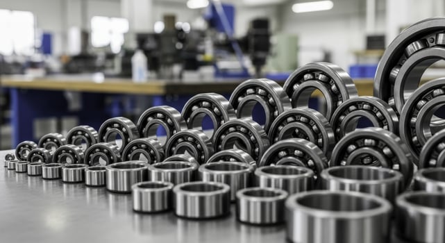 Close up of shiny metal ball bearings of various sizes on a table in a manufacturing facility photo