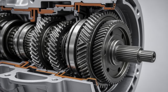 Detailed cross section of a modern automotive manual transmission with visible gears photo