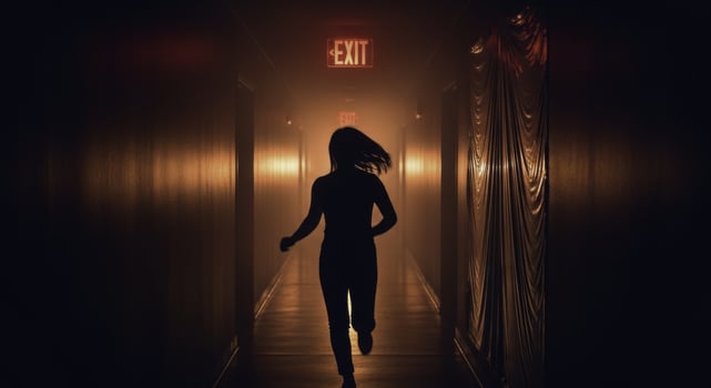 Dramatic silhouette of a woman running towards a glowing red exit sign in a dark hallway photo