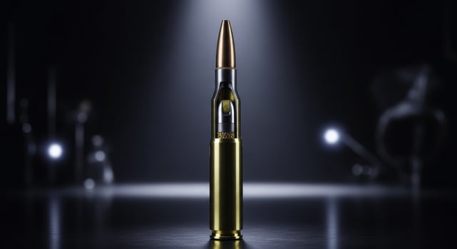 Dramatic close up of a dissected rifle cartridge revealing internal components photo