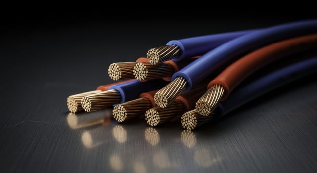 Close up of electrical wires with exposed copper strands and colorful insulation photo