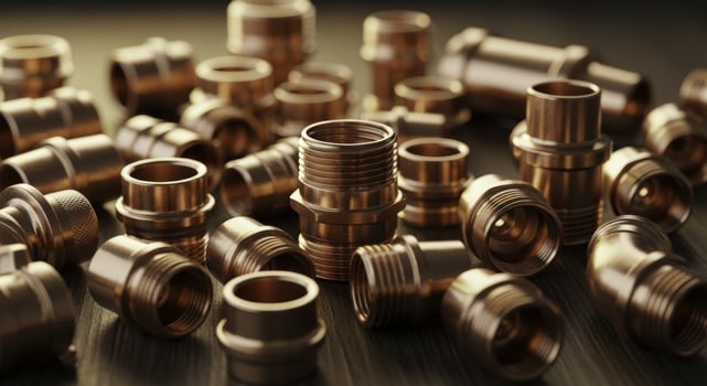 Assortment of new shiny brass water pipe fittings and connectors on dark wood photo