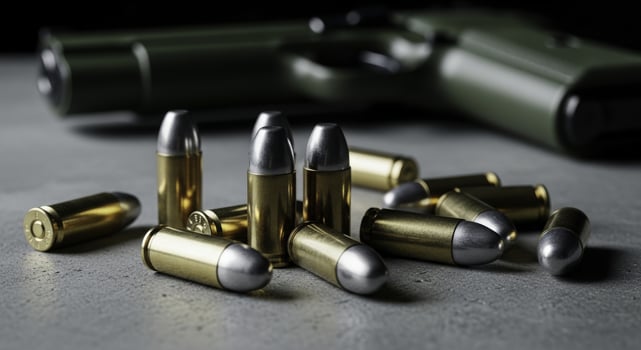 Shiny brass bullets with silver tips scattered on a concrete surface near a handgun photo