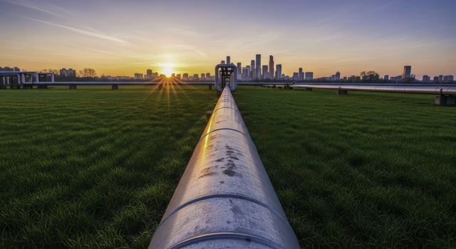 Long industrial gas pipeline stretching across green field towards city skyline at sunset photo