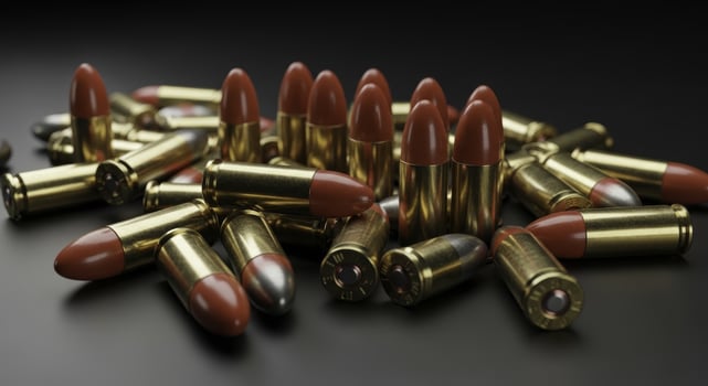 Scattered pile of metallic ammunition cartridges with red tips on a dark surface photo