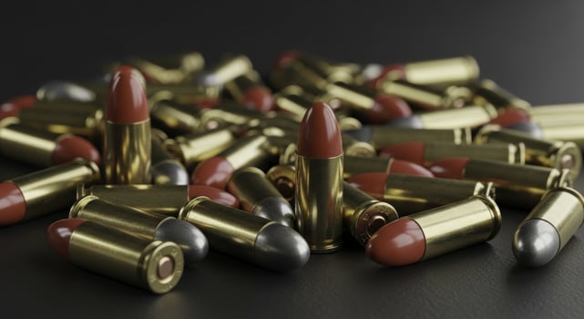 Scattered small caliber ammunition cartridges with red and silver bullets photo