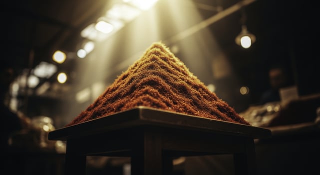 Vibrant saffron threads pyramid on table in dark market with light rays photo