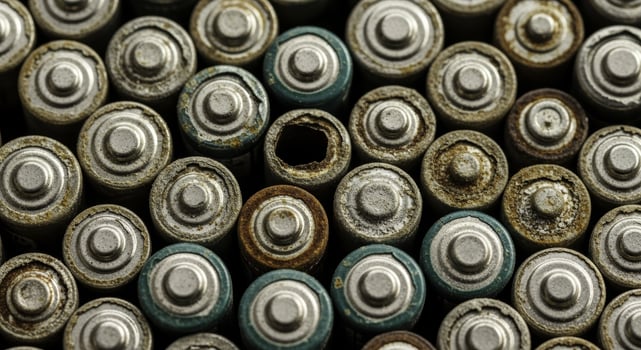 Macro top down view of corroded used batteries with rust and white powder corrosion photo