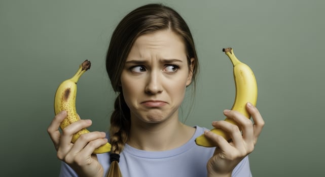 Young woman with a confused expression comparing a fresh banana to an overripe one photo