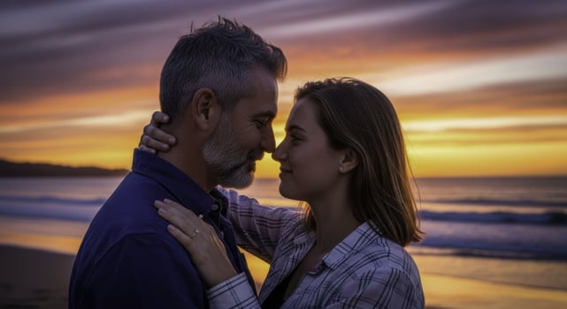 Affectionate couple embracing on beach at golden sunset with touching noses photo