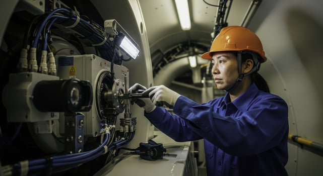 Skilled female engineer in hard hat calibrating advanced industrial machinery photo