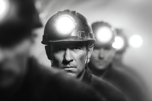 Group of miners wearing helmets with headlamps, focused expressions, walking through a dimly lit tunnel, showcasing teamwork and determination in a challenging environment photo