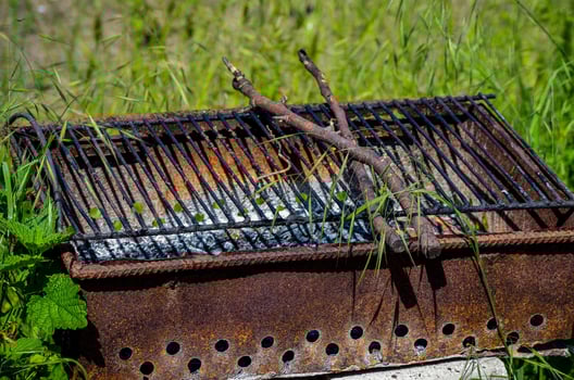 A rusty grill with a few sticks on it. The grill is on a grassy area. The sticks are on the grill and are not burning photo