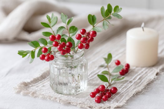 Glass jar filled with water and vibrant red berries, surrounded by green leaves, a lit candle nearby, creating a serene and cozy atmosphere for home decor photo