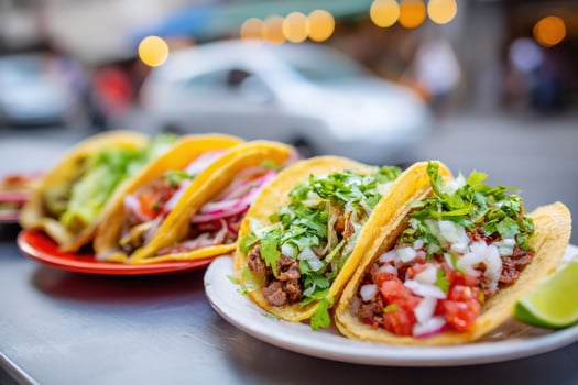 Colorful assortment of delicious tacos filled with fresh ingredients, garnished with cilantro and onions, served on a vibrant plate, showcasing culinary art in a lively street setting photo