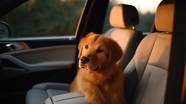 Adorable golden retriever puppy enjoying relaxing car ride, bathed in glow of golden hour sunlight photo