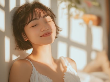A woman is smiling while laying on a bed photo
