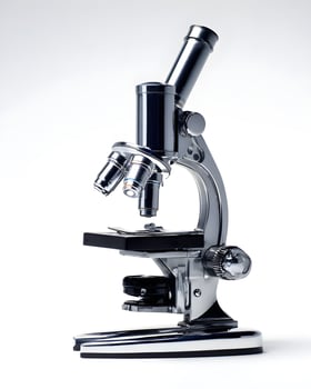 Close-up of advanced microscope in modern laboratory. Medical Research Laboratory with Microscope and Scientist Silhouette. microscope on a white background. photo