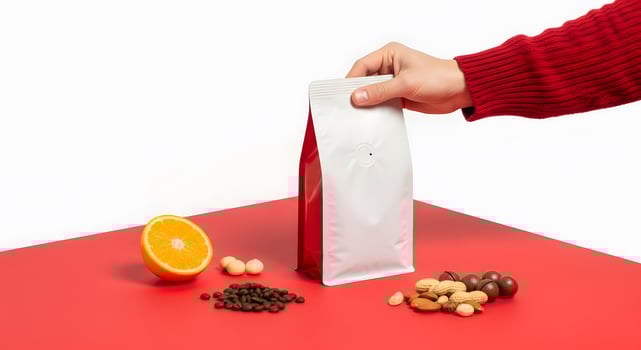 Coffee packaging presentation with coffee beans and orange slice on red table top, Coffee bag mockup held by hand with red knitted sweater sleeve photo