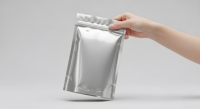 Silver Pouch Product Display, Minimalist Packaging Design Mockup in Hand, High Quality Foil Pack Presentation photo