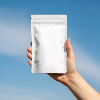 White Pouch Against a Bright Blue Sky, Hand Holding Sealed Packet Ready for Label Design or Branding, Copy Space photo