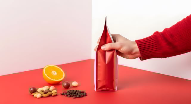 A vibrant arrangement featuring a coffee bag, orange, and nuts on a bold red surface, captured in a creative studio setting, Coffee lover essentials arranged in an eye-catching still life photo