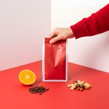 Red Coffee Bag Product Display with Orange and Assorted Nuts, Product mock-up featuring a coffee bag on a bright red surface with an orange slice and mixed nuts photo
