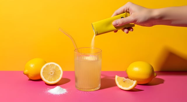 A Burst of Citrus Vibrant Lemonade Preparation with a Golden Backdrop, Zesty Lemonade Creation Hand Pouring Packet into Glass on a Cheerful Yellow and Pink Scene photo