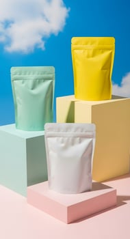 Colorful pouches on geometric display stands against a sunny, blue sky background, Product packaging mockups for online marketing and e-commerce promotion photo