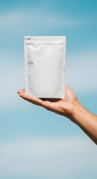 White pouch in hand against clear blue sky, Food packaging pouch mockup held by hand against bright sky backdrop photo