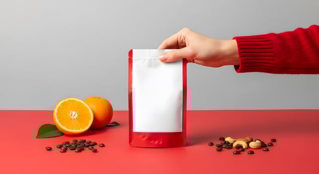 Red Coffee Package with Orange and Nuts on Red Tabletop, Product Mockup with Fresh Citrus and Raw Ingredients photo