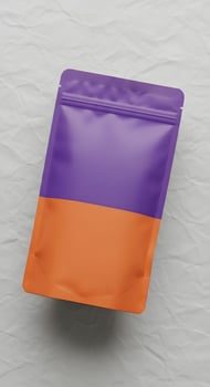 Purple and Orange Pouch Mockup on Wrinkled Paper, Clean Packaging Design for Snack or Food Product Presentation photo