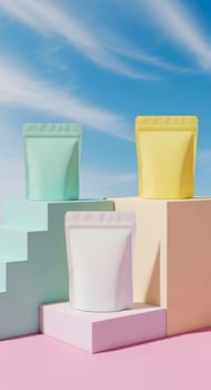 Pastel Pouches on Geometric Stands, Product Display with Blue Sky, Bright Packaging Against a Sunny Backdrop photo