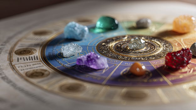 Astrological chart with healing crystals. photo