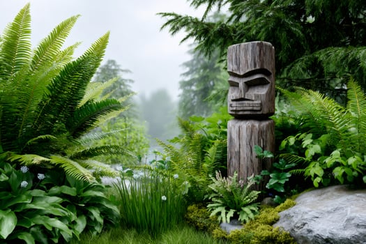 Wooden tiki statue standing in a lush foggy forest by a river photo