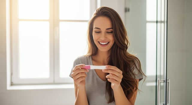 Pregnant woman holding a pregnancy test with a joyful expression. Gen by AI. photo