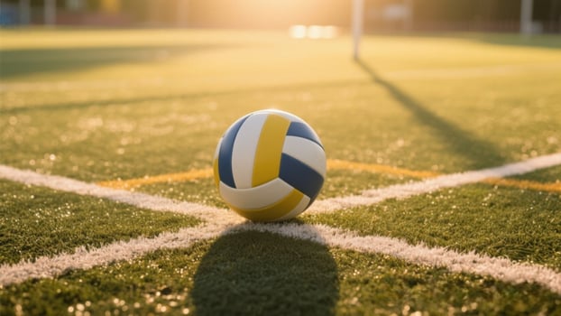 Volleyball on Green Artificial Turf Field Under Warm Sunset Light photo