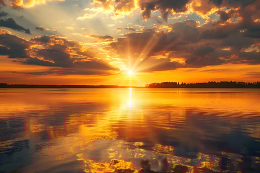 Sunset over lake with clouds and sun photo