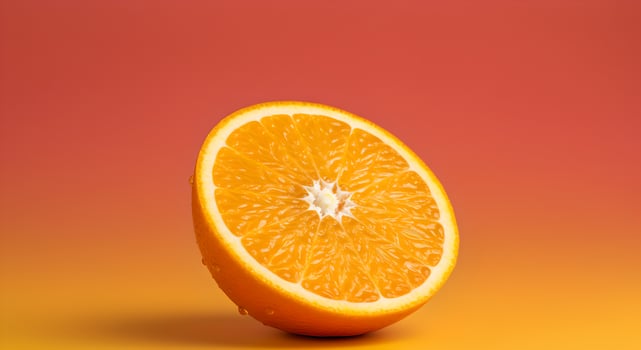 Artistic orange slice close-up, glowing flesh, droplets, coral-yellow gradient background. photo