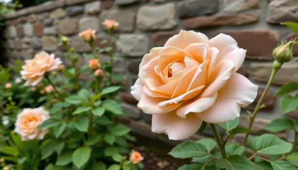 close up view of a pale peach rose delicately blooming near a quiet garden wall. photo