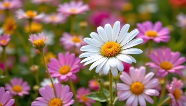 close up view of a soft daisy surrounded by blurred pastel wildflowers in the breeze. photo