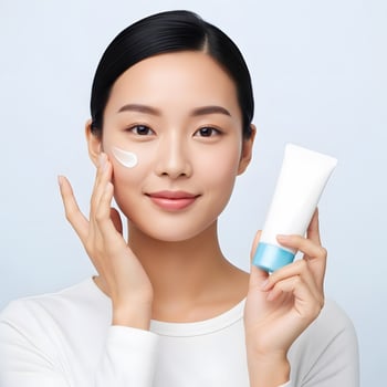 Asian Woman Applying Skincare Product, Radiating Natural Beauty and Confidence, A serene image of a young woman enhancing her complexion with gentle skincare routine photo